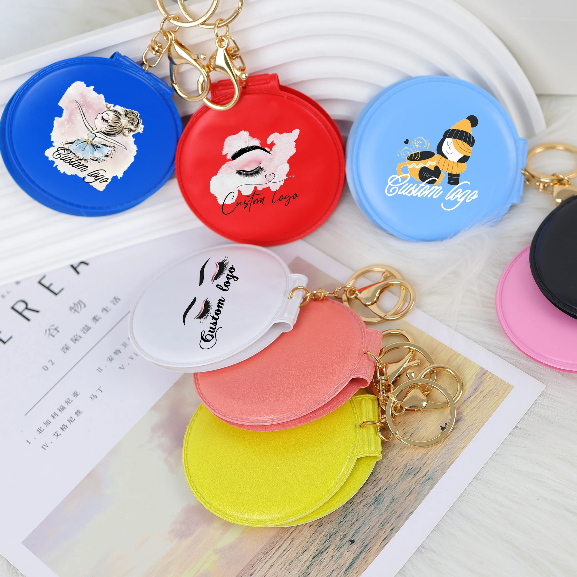 Custom PU leather mirror key chains metal ring promotional key chain makeup mirror metal keychains