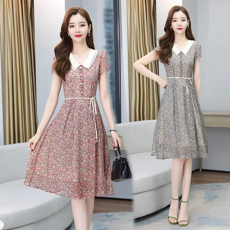 Новое летнее платье с цветочным принтом, женское платье, с коротким рукавом, с воротником в кукольном стиле шифоновое платье с завязкой на талии