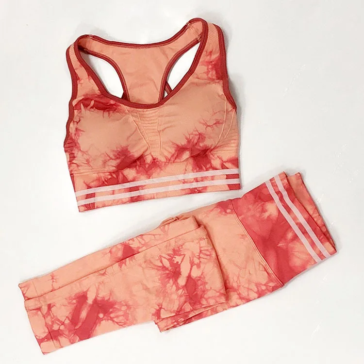 Knitted Fashion Slim High Quality Suit Wear Spandex/Nylon Tie Dye American Sport Bra Top Fitness Stripe Yoga Sets