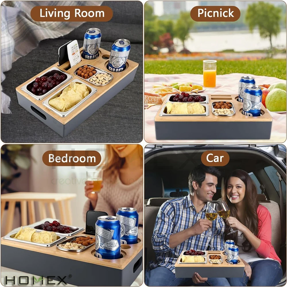 Bamboo Divided Snack Box Dispenser Container with Lid Bottle Holder for Living Room Picnic Party