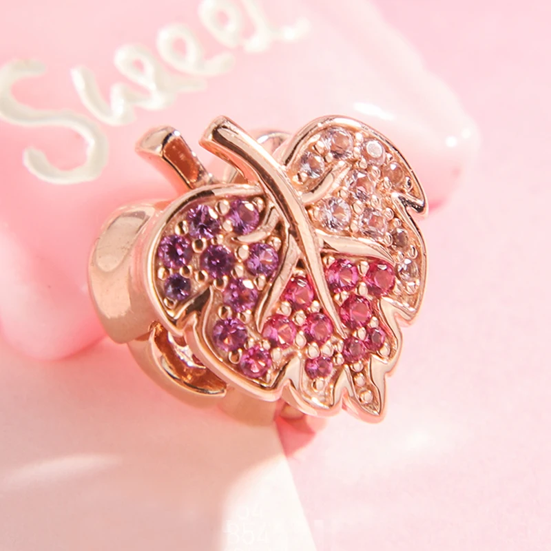 925 sterling silver Rose gold leaves  charms pendants fit bracelets women DIY Jewelry