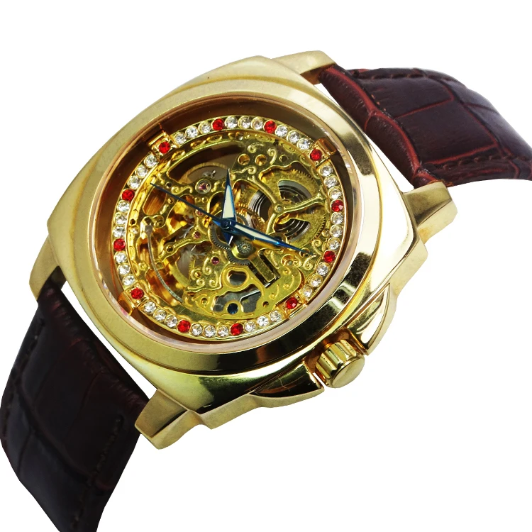 OEM luxury unique design 316L Steel case transparent caseback Leather Strap  Automatic movement skeleton Watch  for men