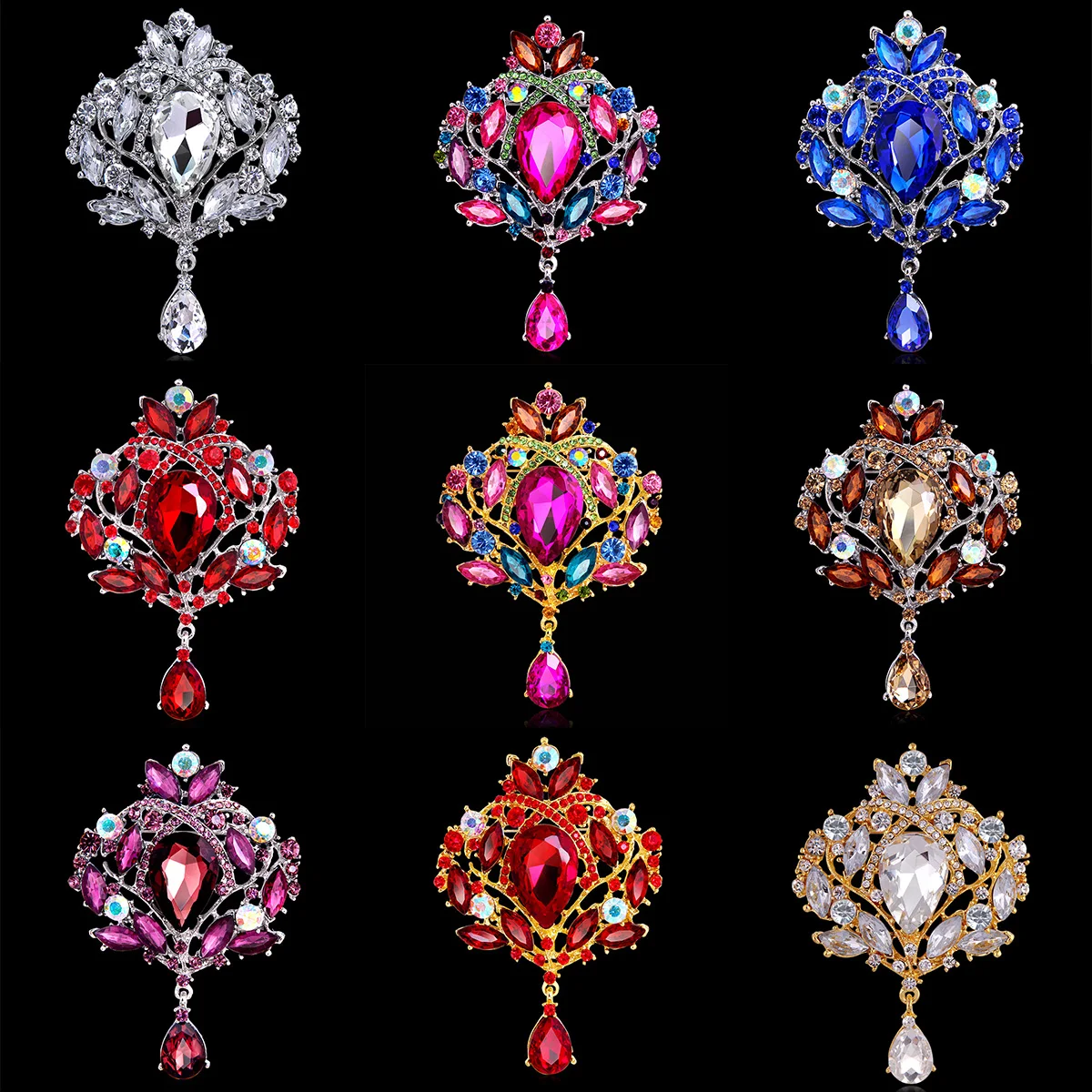Luxury Vintage Alloy Austrian Crystal Jewelry Rhinestone Crown Brooch Big Water Drop Diamond Flower Brooches