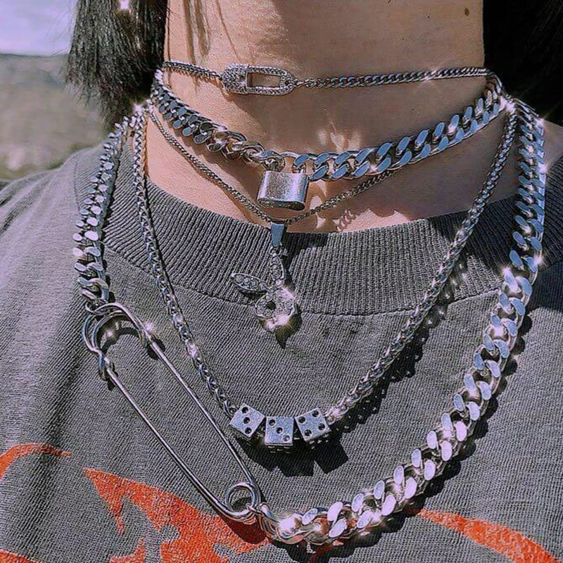  Liberty подарки английская булавка кости замок Высокое Качество Толстая bling цвет родия Кубинском стиле в хип до хоп серебристого и цепи гранж ожерелье ювелирные