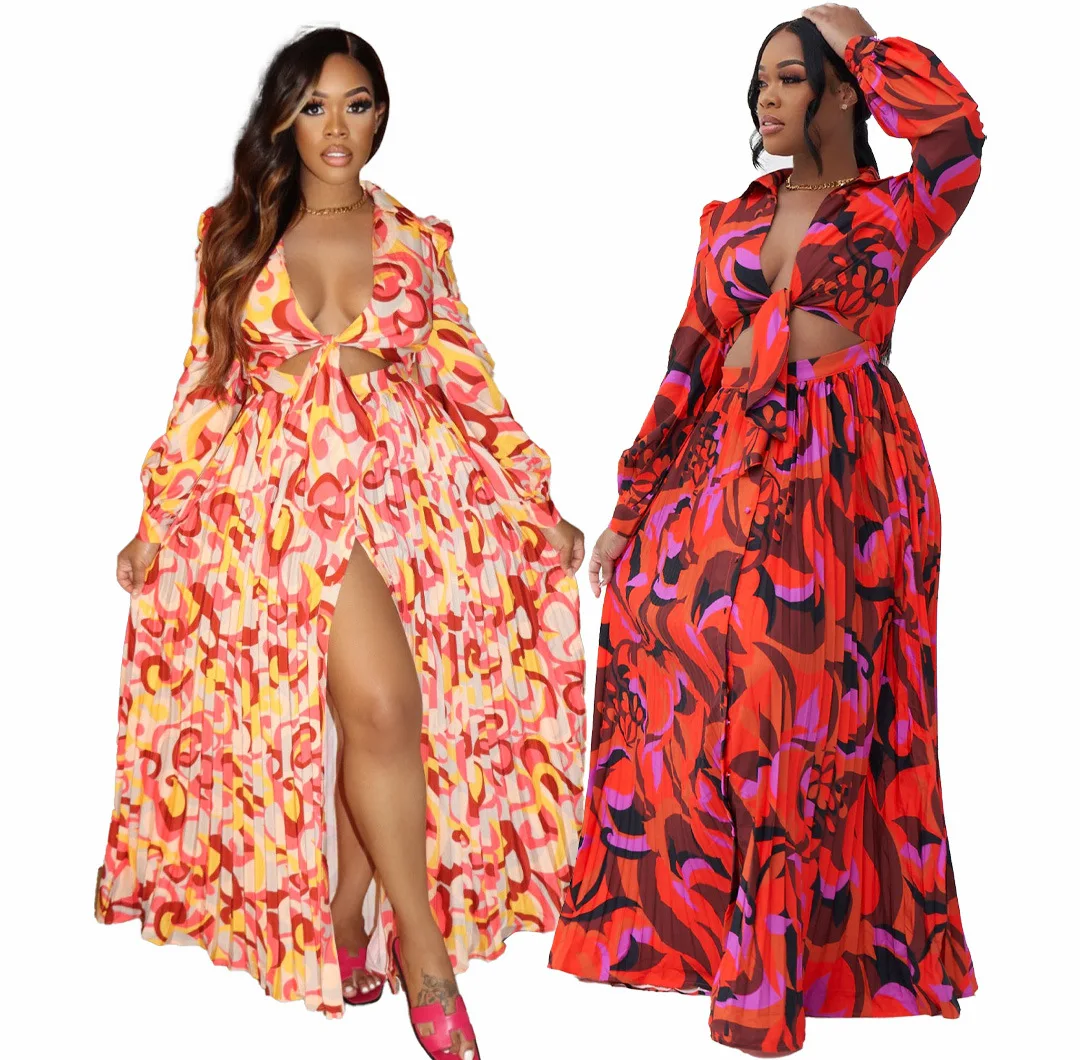 2022 Autumn High Quality Floral Printed Long Sleeve Crop Top And Maxi Skirt Two Piece Set