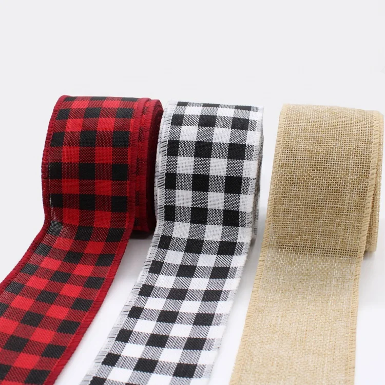 3 Rolls Christmas Burlap Ribbon Plaid Wired Edge Ribbon Gingham Wrapping Ribbon for Christmas Decoration, Floral Bows Craft