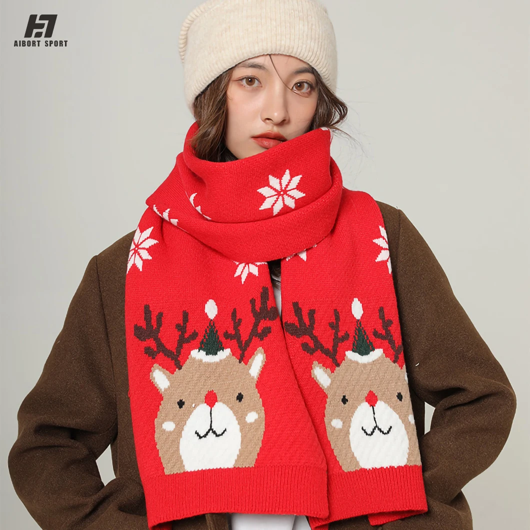 Aibort 2022 winter christmas knitted scarf customized Reindeer Snowflake Knit Scarf Christmas Scarf keep warm Bib//