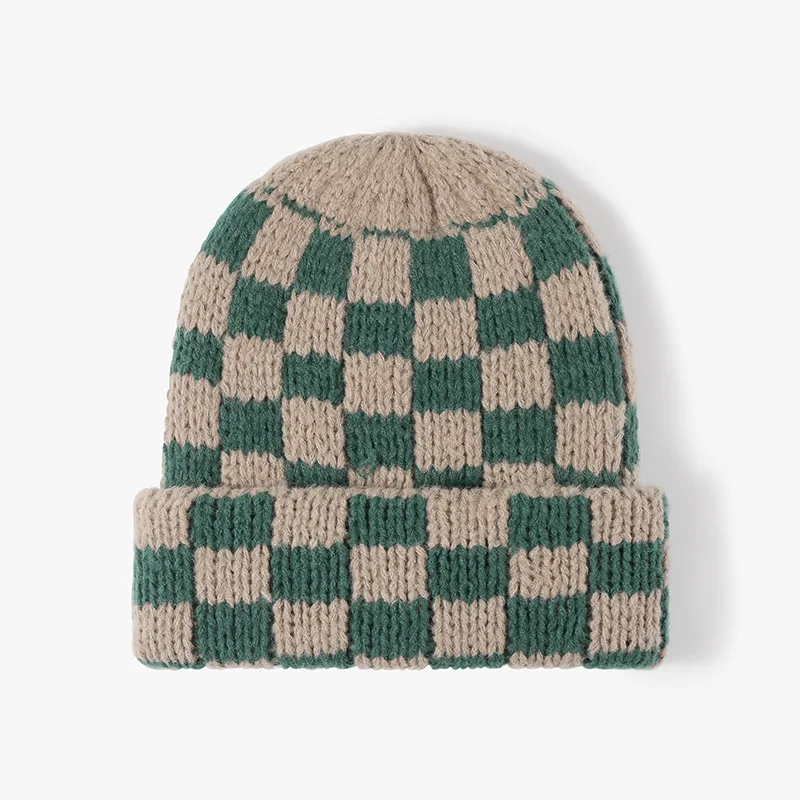 Classic Fashion Winter Warm Thickened Unisex Cuffed Plaid Crochet Multi Checkered Knit Beanie Hat
