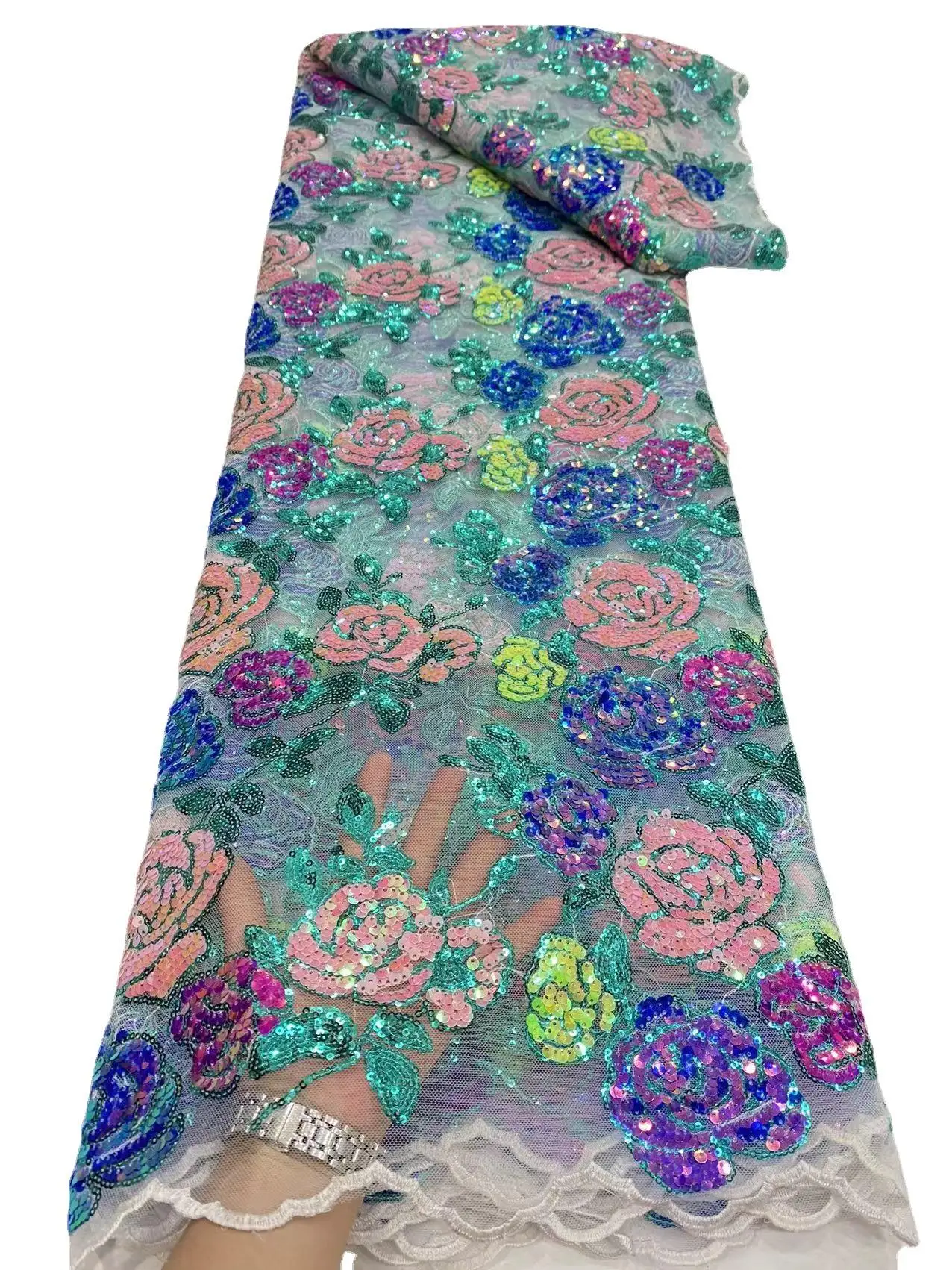 New Product Wholesale African sequin rose flower beads embroidered gauze lace fabric for dress