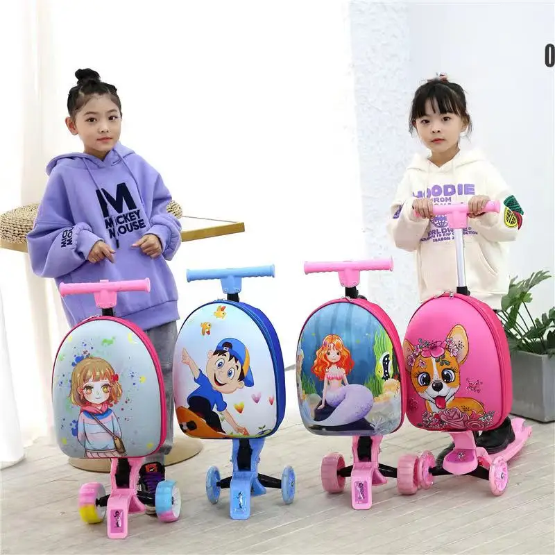 Cartoon Design Child Kick Scooter Backpacks Airport Travel Waterproof Trolleys Bags Suitcase Scooter Luggage For Kids