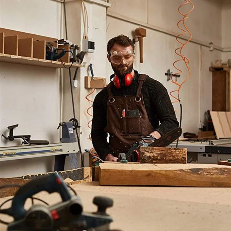 High-grade wet wax canvas apron custom logo carpenter men welding protective apron webbing shoulder strap multi-tool overalls