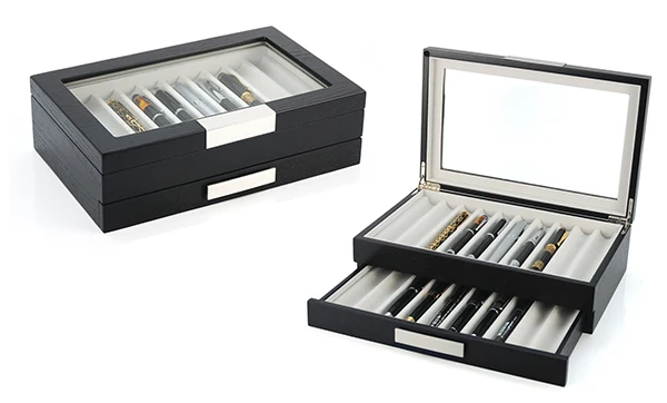 20 Piece Black Wooden Pen Display Case Storage and  Fountain Pen Collector Organizer Box with Drawer
