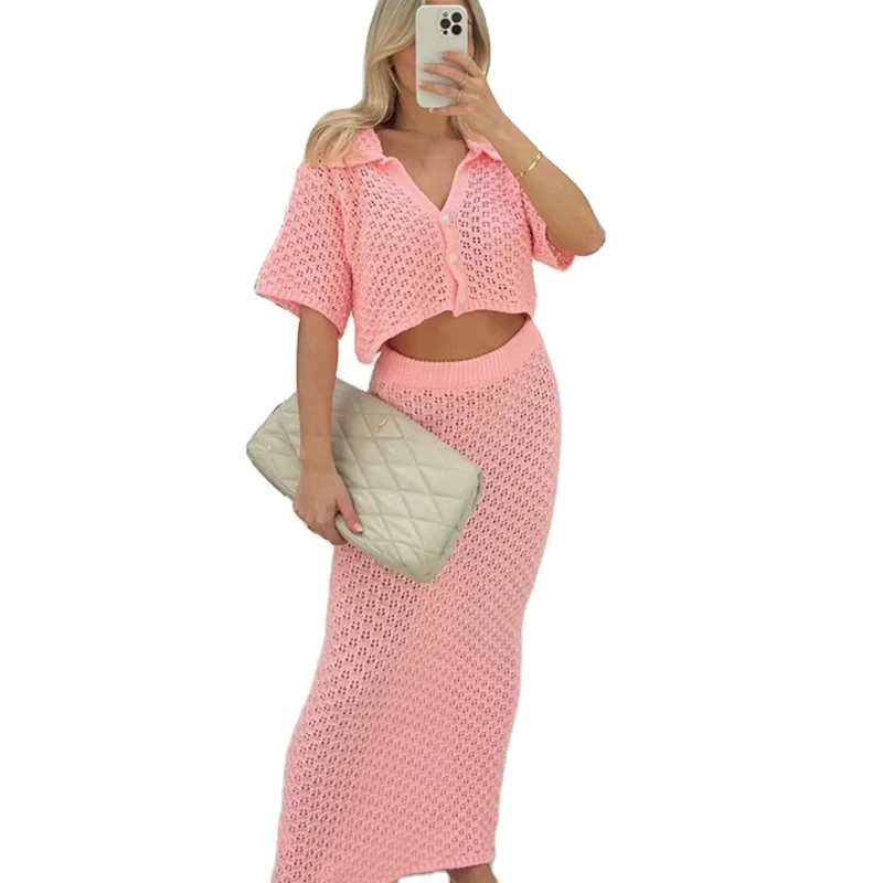 Elegant Beach Cover up For Women 2024 Summer Two Piece Crochet Knitted Button Crop Shirt And Bodycon Long Skirt Outfits Set