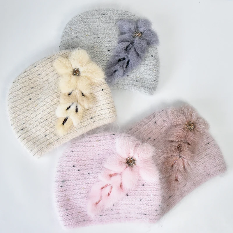 Winter Angora Wool Knit Hats for Women Real Mink Fur Leaves Pattern Beanie Fluffy Warm Hats for Ladies