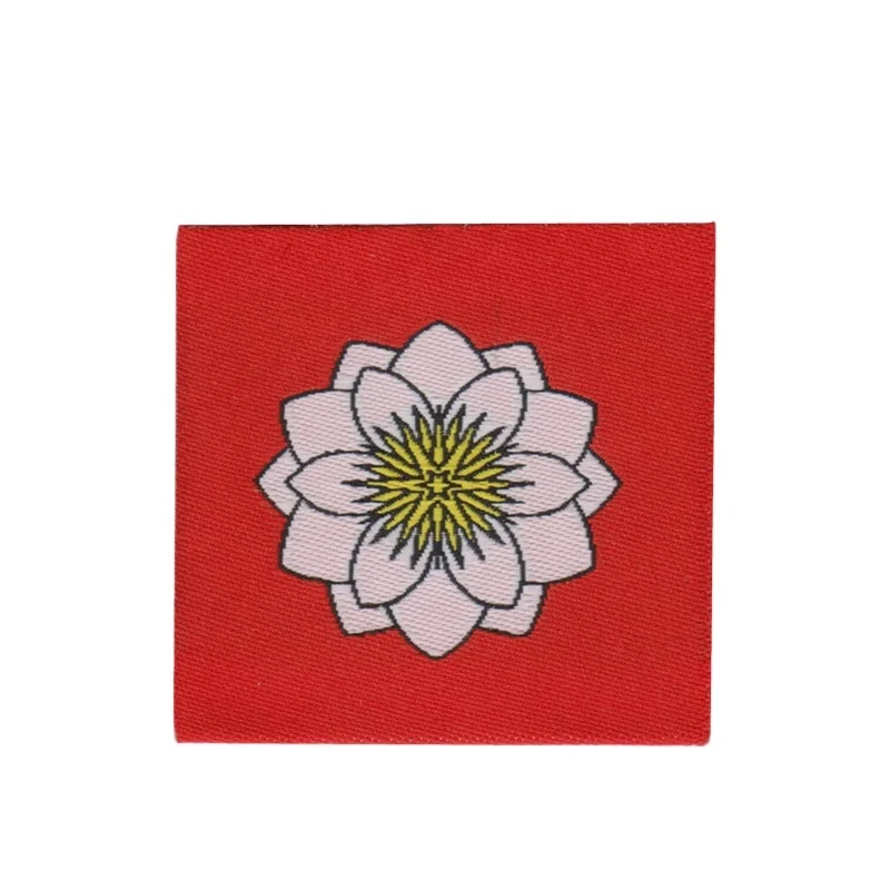 Custom Woven Label Flower Brand Name Logo Centerfold Machine Woven Damask Clothes Labels for Clothing Uniform Garments