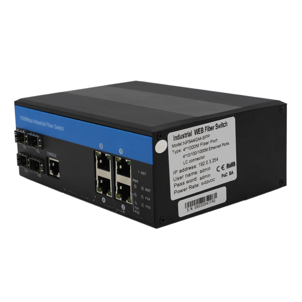 OEM Gigabit Industrial Switch 4*10/100/1000M RJ45 port + 4*1000M SFP port Managed Fiber Ethernet Switch