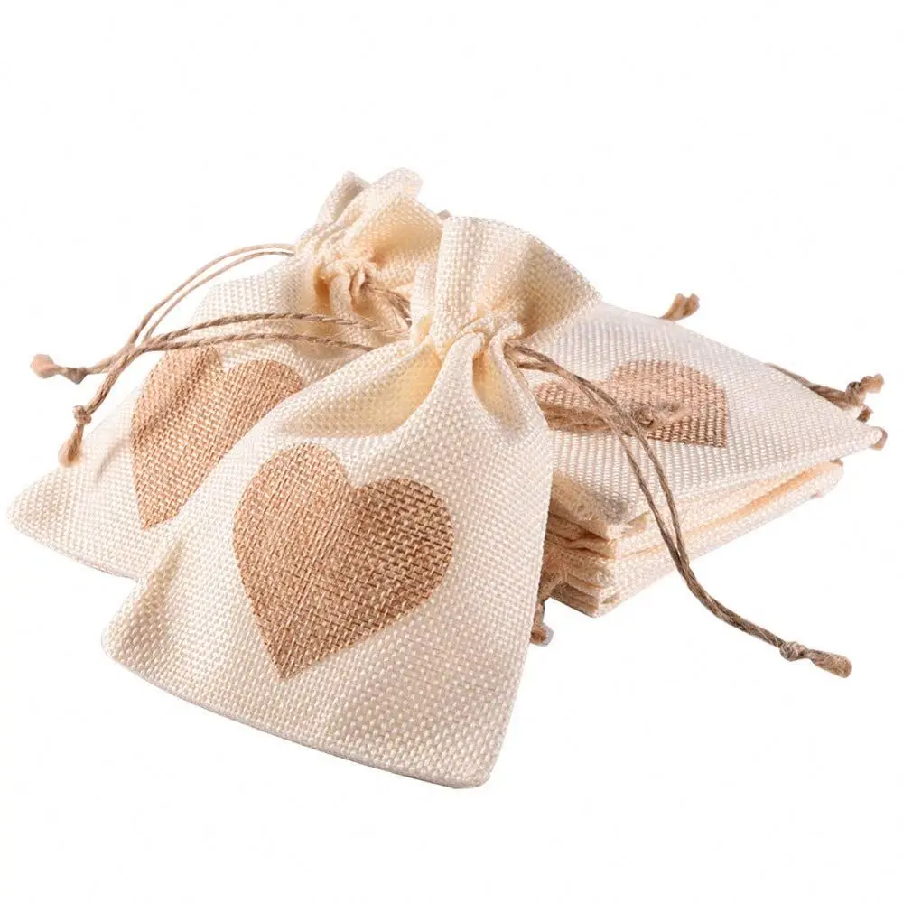 3.9x5.5 Inch Natural Rustic Mini Heart Drawstring jute linen Burlap Pouch Bags for Wedding