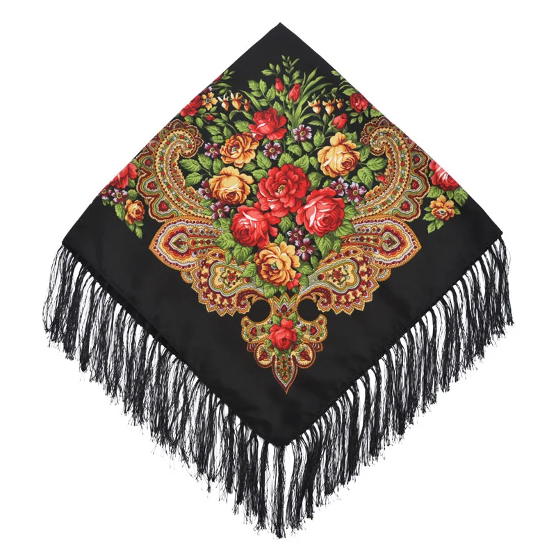 Hot Sale Vintage Printing Tassel Scarf Flower National Wind Female Russia 90cm Square Scarf for women