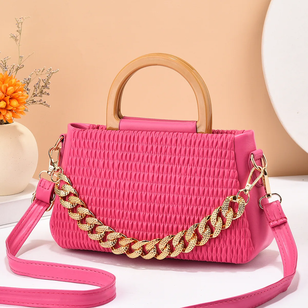 RU Top Handle Pleated Soft PU Leather Women Shoulder Bags Large Capacity Chain Handbags Ladies Purses Wholesale