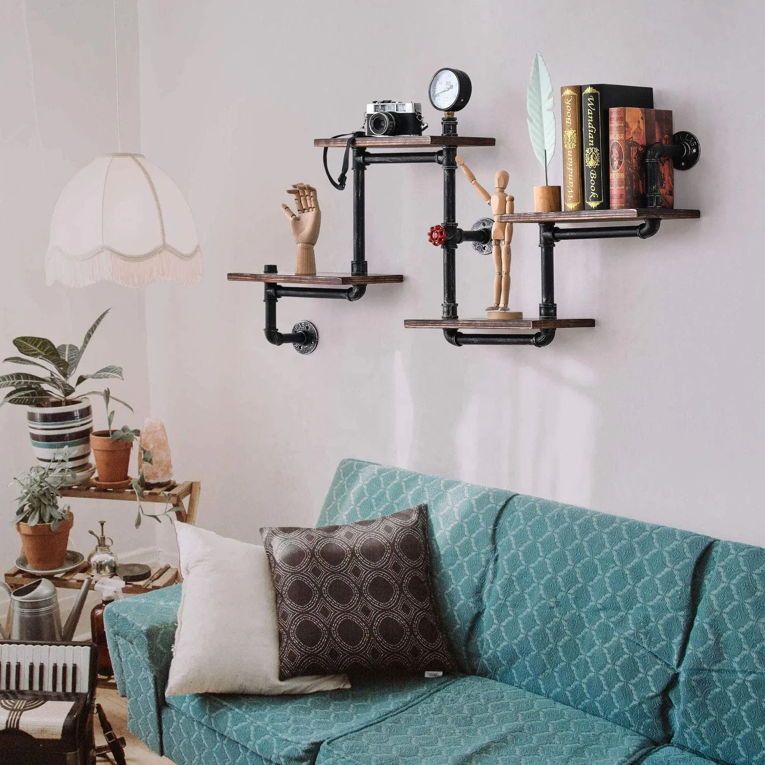 Industrial Floating Pipe Wall Shelves - Rustic Wood Shelving - 4 Layer Ladder Hanging Bookshelf