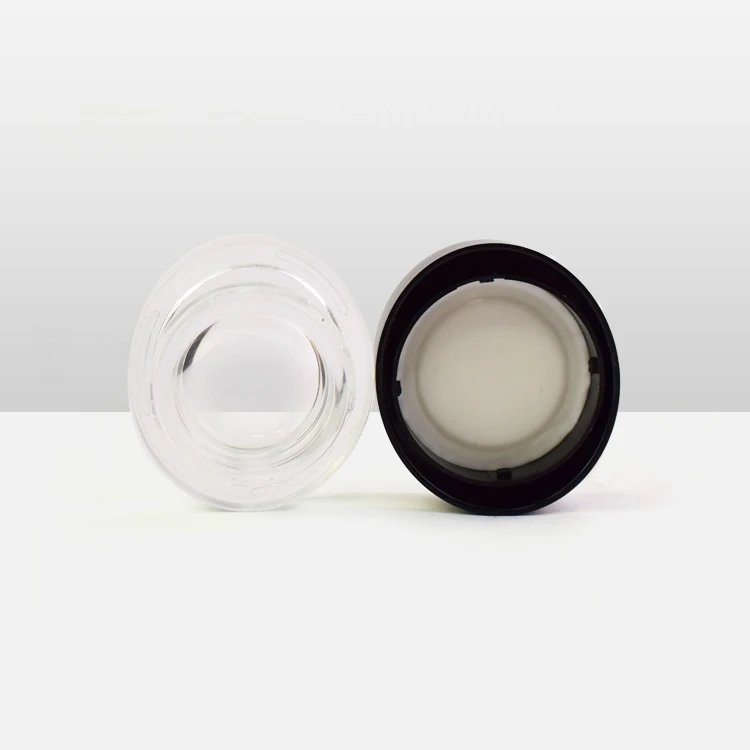 Oval type shaped low profile concentrate glass jars clear container oil smell proof black plastic child proof cap lid logo print
