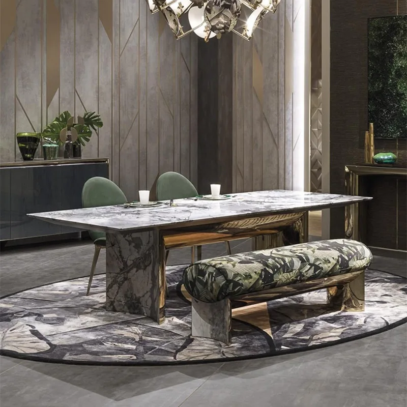 MR Italian Style Golden Stainless Steel Dining Table  Marble Dining Room Set 6-8 People Restaurant Table