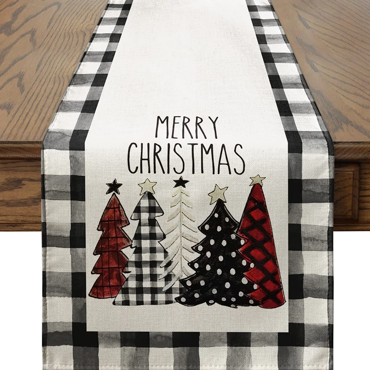14 x 72 Inch Seasonal Kitchen Dining Table Decoration Watercolor Buffalo Plaid Christmas Trees Merry Xmas Table Runner