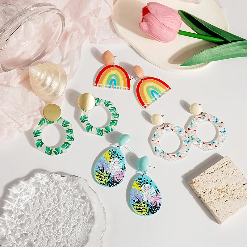 New Arrival Top Selling Trendy Creative Simple Colorful Cartoon Flower Patterns Colorant Match Resin Ring Personality Earrings