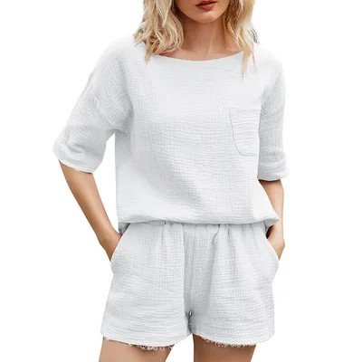 Summer fashionable home set women 2 piece set ladies cotton linen outfit with pocket for lady short sleeve and short pant