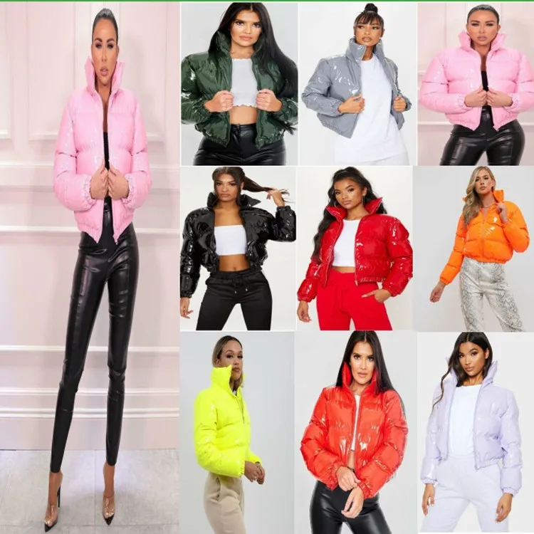 0007 2021 Pink Black Green White Full Zip up Custom LOGO Winter latex Puffer Bubble coats Puff Jacket Women