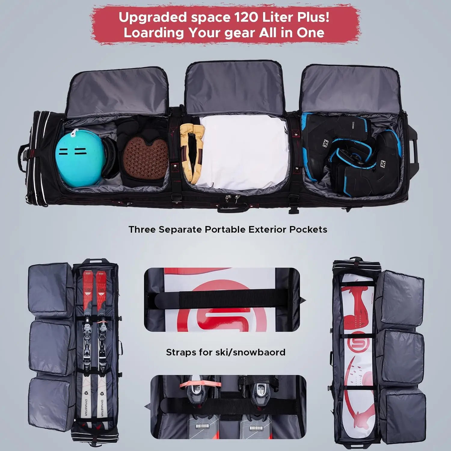 Padded Snowboard Bag with Wheels- Snow Ski Bags for Air Travel Adjustable Length 61-70In Large Capacity with Water-Resistant