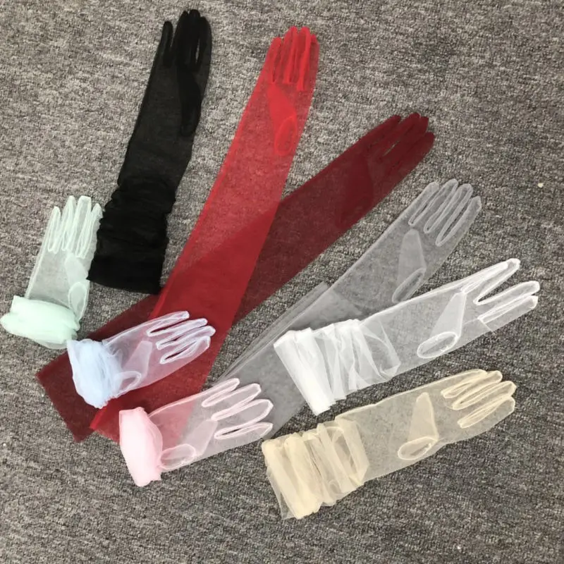 2023 Long Sheer Tulle Gloves Bridal Wedding Gloves Fashion Solid Color Transparent Thin Bridal See Through Long Gloves
