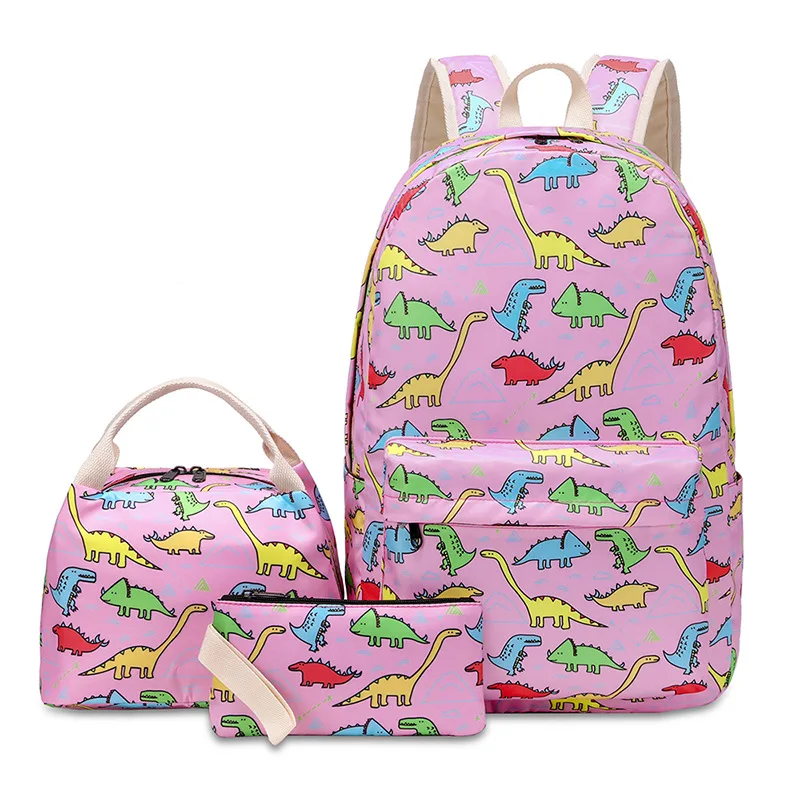 Hot Sale School Bag Cute Dinosaur Printing Backpack Boys and Girls 3 Pieces Set Lunch Bag and Small Packet