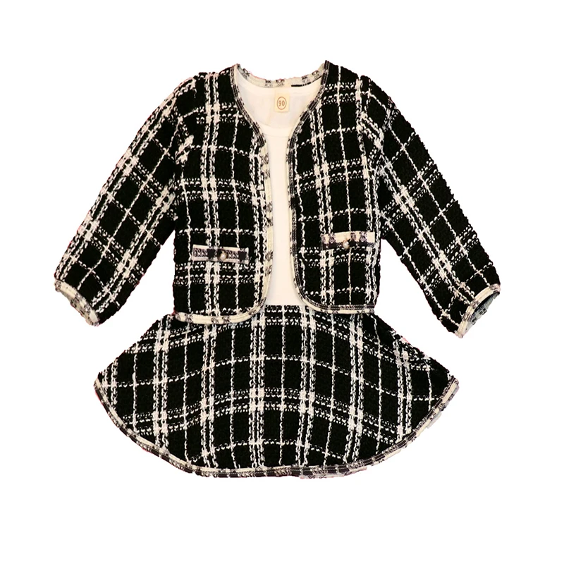 Factory direct Winter Tartan Sweet Style Cotton Pullover Baby Girls Romper Clothes Tweed Coat Skirt Set