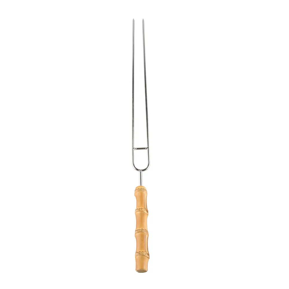 Camping BBQ Accessories Tool Stainless Steel Metal Needles Wooden Bamboo Root Handle Kebab Grilling Barbecue Stick BBQ Skewer