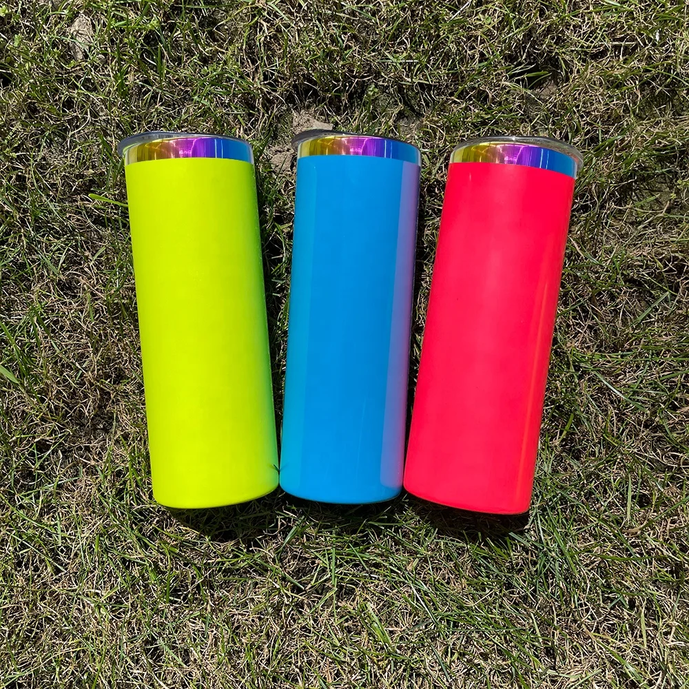 glossy mirror custom Fluorescent Neon colored rainbow underneath 20oz tumbler with lid for laser engraving