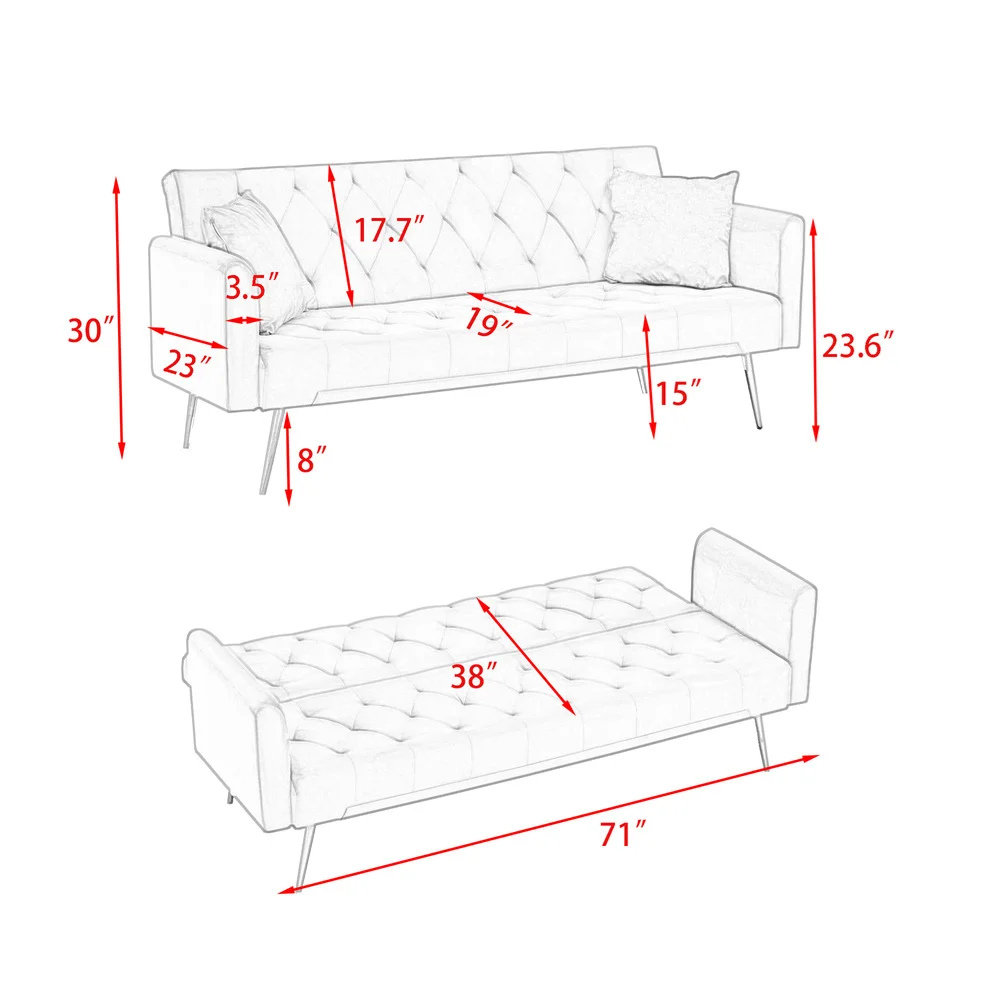 Custom Manufacturer Beige Velvet Three-Seat Sofa Come Bed with Two Throw Pillows Couches Luxury Living Room Sofa for Bedroom