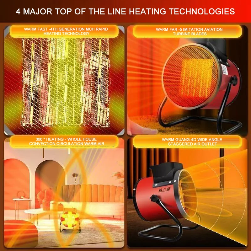 Portable 2000W 3000W Room Bathroom Swimming Pool Outdoor Camping Industrial Air Fan Electric PTC Heaters for Winter Home Heating