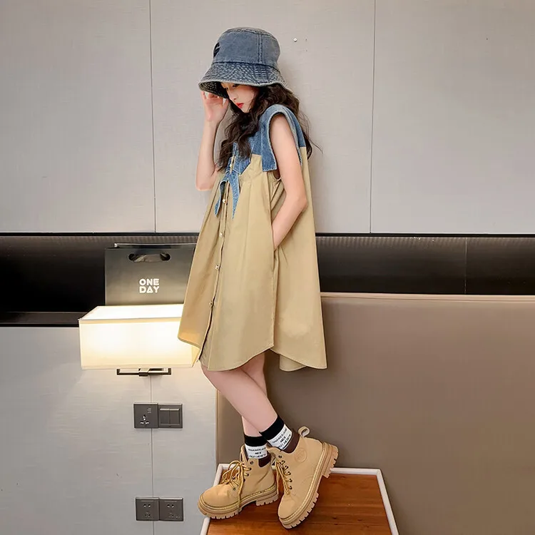 2023 New Fashion Hot Girl Denim Patchwork Sleeveless Shirt Dress White Khaki 5-15 Years