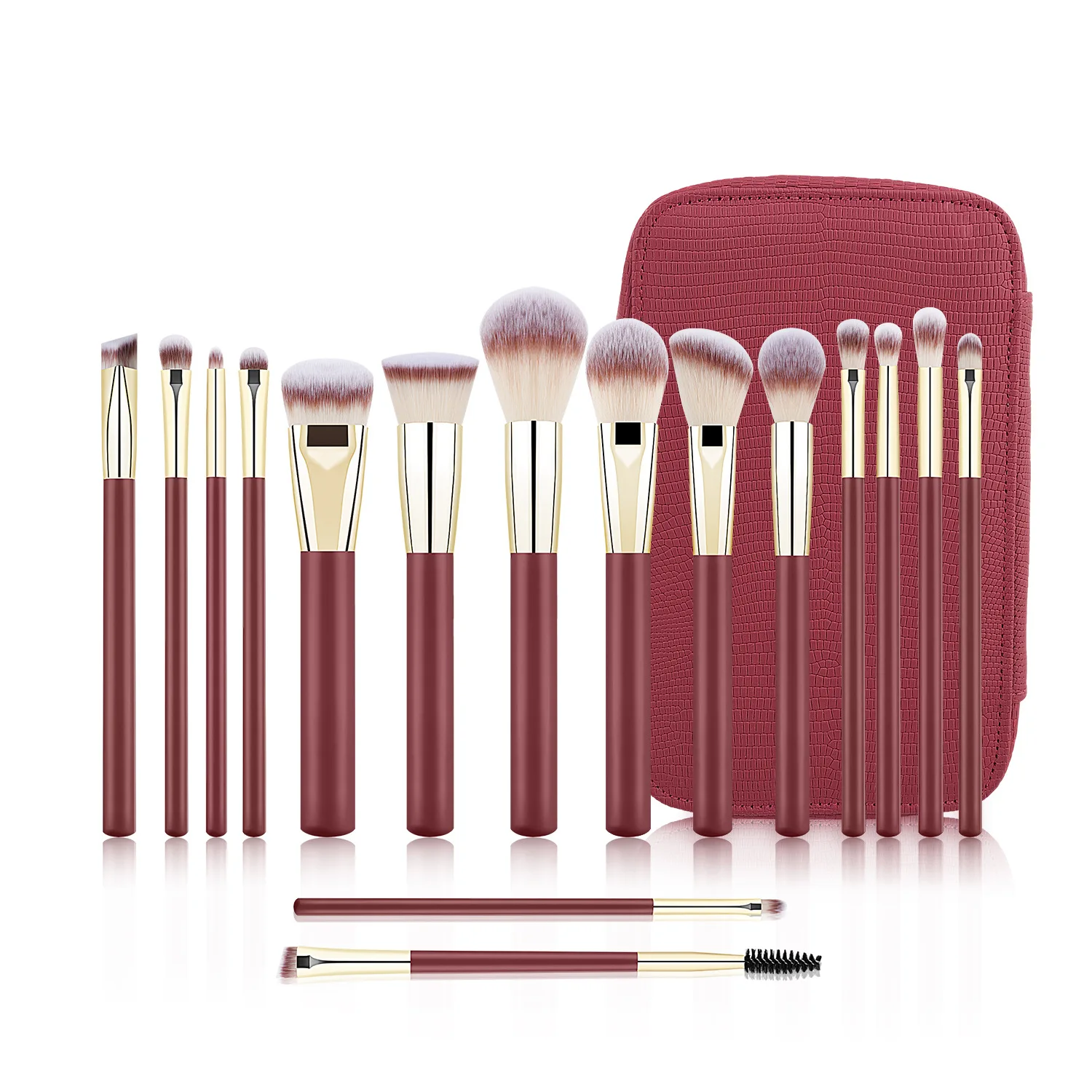 Customization Gold Tube 16 Pcs Wine Red Handle Makeup Brush Soft Bristle Foundation Eye Shadow Blush Makeup Brush Set With Bag