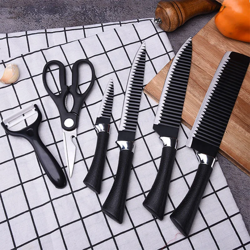 Hot selling black wavy 6-piece knife set  stainless steel kitchen knife set with PP handle