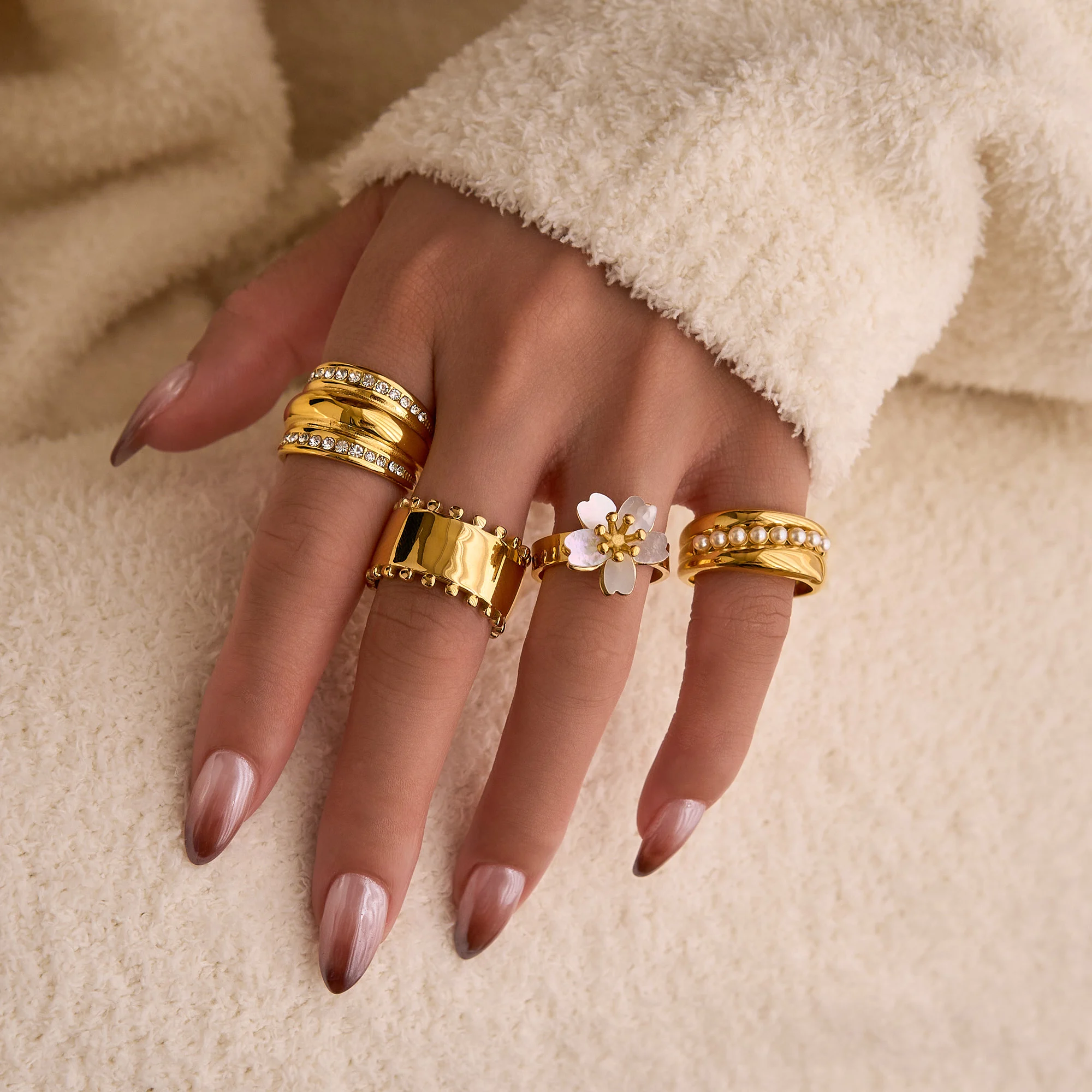 Dazan Winter New HOT Ins 18k PVD Gold Plated Stainless Steel High Quality Vintage Baroque Pearl Lip Bloom Ring Set PROM Jewelry