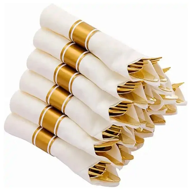 Gold Plastic Cutlery Set with Rolled Napkins Individually Wrapped wedding Silverware Knife Spoon Fork