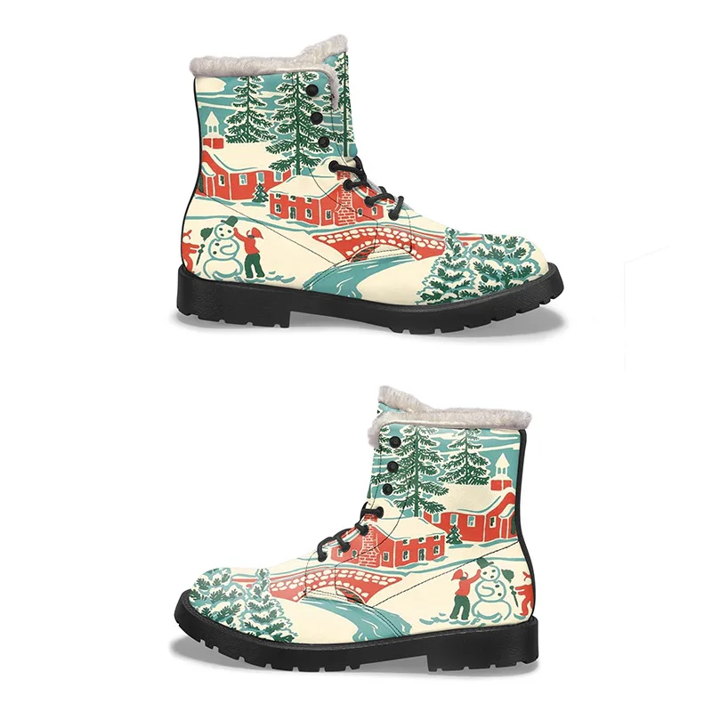 Personality 3D Christmas print Autumn/Winter round toe boots plus fleece warm ankle boots mid-tube motorcycle rider boots Martin