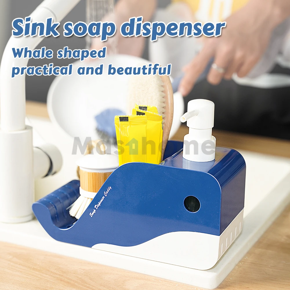 Masthome Whale Design Dish Soap Dispenser Sponge Holder Kitchen Sink Caddy Dishwashing Liquid Soap Pump Dispenser Sink Organizer