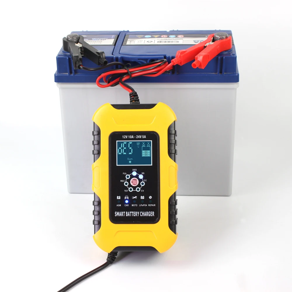 Foxsur 12V 24V 10A 7-Stage Full Automatic Car Battery Charger LCD Display for Truck Car Motorcycle LiFePo4 AGM GEL WET Lead Acid