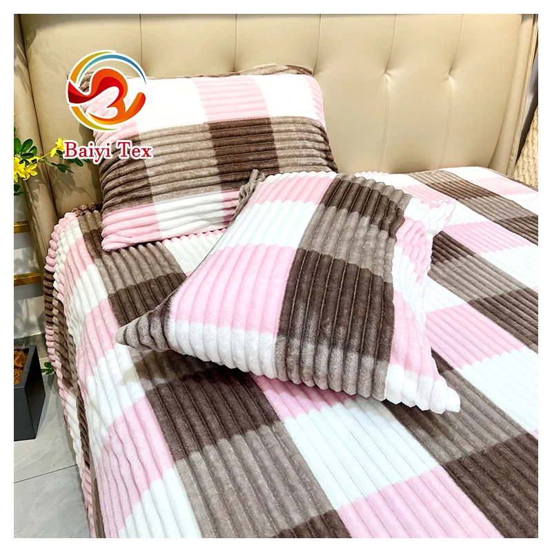 Soft Custom Printed flannel Modern Solid Color Design 100 Polyester Striped Bedding Set Blanket Plush Blanket