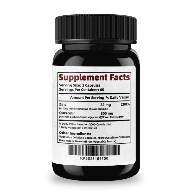 Quercetin Supplement, 120 Capsules Zinc Supplement, Immune System Boost, Cardiovascular Health, Respiratory System, Longevity.
