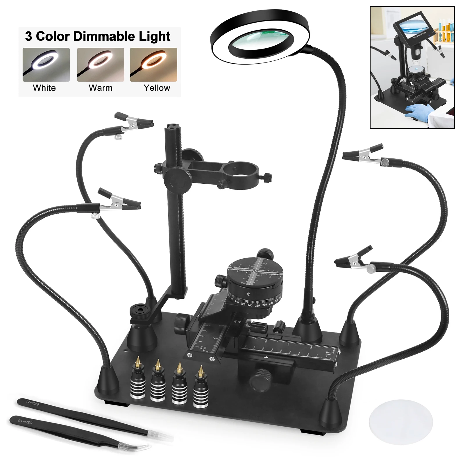 2 in 1Micro Workbench Microscope Camera Lens Holder Universal 360 Rotating Maintenance Workbench with 3X LED Magnifier
