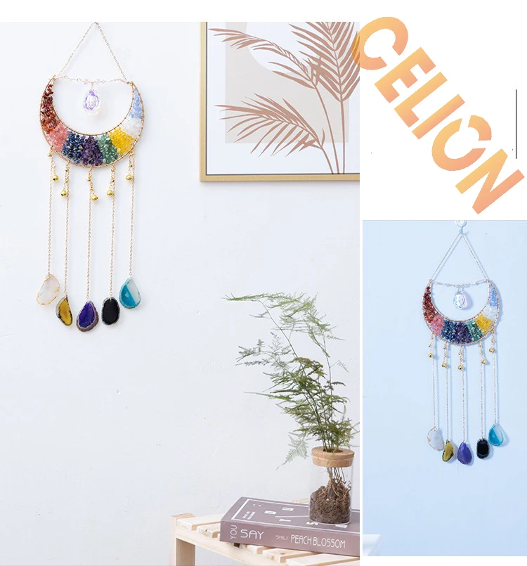 Natural Healing stones moon crystal tree of life sun catcher wind chimes hanging for home decor stone leaf crystal hanging